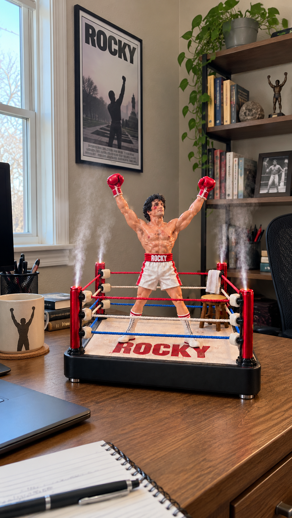 RockyMist boxer with raised red gloves inside a boxing ring, with mist from four corner posts